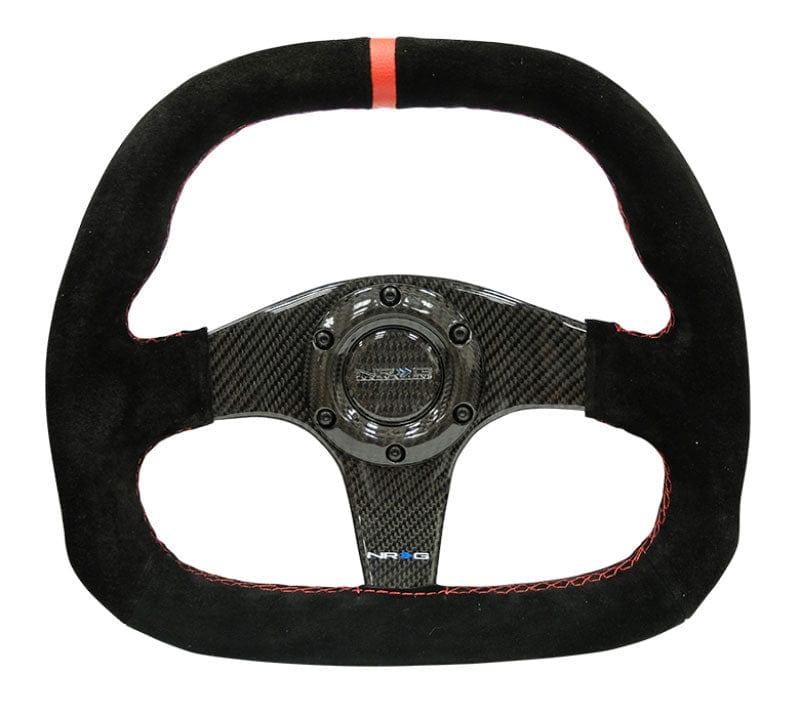 NRG - CARBON FIBER STEERING WHEEL 320MM BLACK CARBON FIBER CENTER W/ RED STITCH RED CENTER MARK FLAT BOTTOM Steering Wheels - 3 Spokes Carbon,suede-ST-019CF - RZCrewGarage