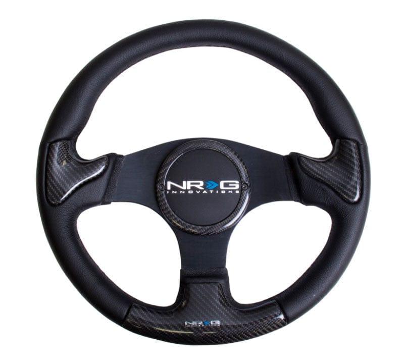 NRG - CARBON FIBER STEERING WHEEL 350mm Blk frame blk stitching w/ RUBBER COVER HORN BUTTON Steering Wheels - 3 Spokes Carbon,Leather-ST-014CFBK - RZCrewGarage