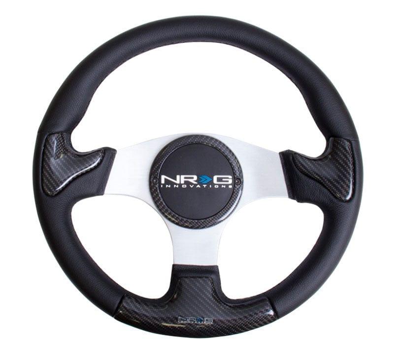 NRG - CARBON FIBER STEERING WHEEL 350mm SILVER frame blk stitching w/ RUBBER COVER HORN BUTTON Steering Wheels - 3 Spokes Carbon,Leather-ST-014CFSL - RZCrewGarage