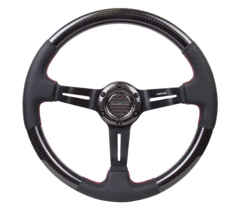 NRG - CARBON FIBER STEERING WHEEL W/ LEATHER ACCENT 350mm 1.5" DEEP RED STICHING Steering Wheels - 3 Spokes Carbon,Leather-ST-010CFRS - RZCrewGarage