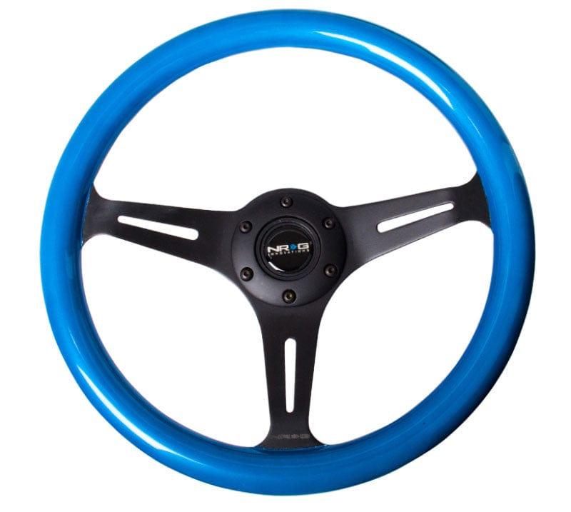 NRG - Classic Wood Grain Wheel, 350mm 3 black spokes, blue pearl/flake paint Steering Wheels - 3 Spokes Wood-ST-015BK-BL - RZCrewGarage