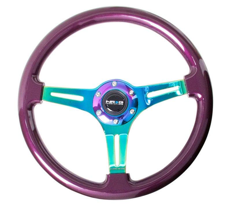 NRG - Classic Wood Grain Wheel, 350mm 3 Neochrome spokes, purple pearl paint Steering Wheels - 3 Spokes Wood-ST-015MC-PP - RZCrewGarage