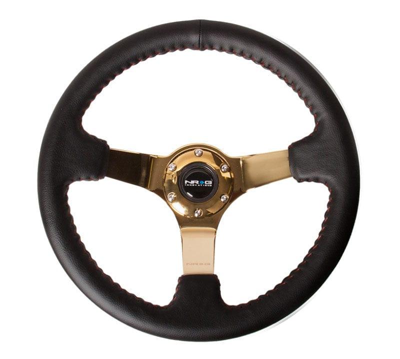 NRG - Reinforced Steering Wheel - (3" Deep, 4mm ) 350mm Sport wheel - Black Leather, Red Baseball Stitch, Gold spoke Steering Wheels - 3 Spokes Leather-RST-036GD - RZCrewGarage
