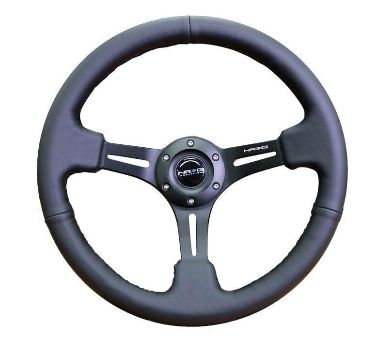NRG - Reinforced Steering Wheel 350mm Sport Steering Wheel (3" Deep) Black Leather with Black Stitching Steering Wheels - 3 Spokes Leather-RST-018R - RZCrewGarage