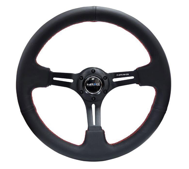 NRG - Reinforced Steering Wheel 350mm Sport Steering Wheel (3" Deep) Black Leather with Red Stitching Steering Wheels - 3 Spokes Leather-RST-018R-RS - RZCrewGarage