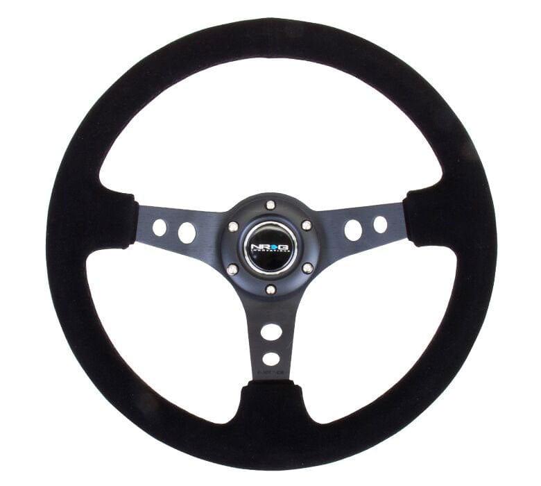 NRG - Reinforced Steering Wheel - 350mm Sport Steering Wheel (3" Deep) - Black Spoke Suede Black Stitch Steering Wheels - 3 Spokes Suede-RST-006-S - RZCrewGarage