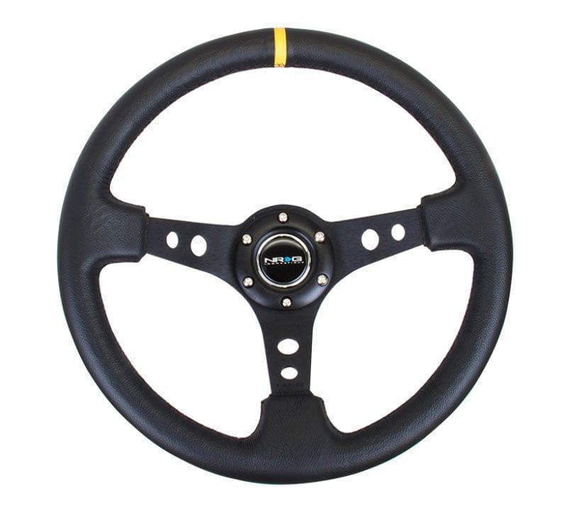 NRG - Reinforced Steering Wheel - 350mm Sport Steering Wheel (3" Deep) - Black Spoke w/ Round holes / Black Leather / Yellow Stripes Steering Wheels - 3 Spokes Leather-RST-006BK-Y - RZCrewGarage
