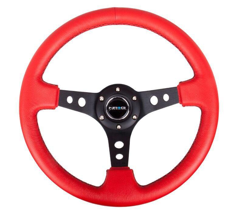 NRG - Reinforced Steering Wheel - 350mm Sport Steering Wheel (3" Deep) - Black Spoke w/ Round holes / Red Leather / Black Stitch Steering Wheels - 3 Spokes Leather-RST-006RR-BS - RZCrewGarage