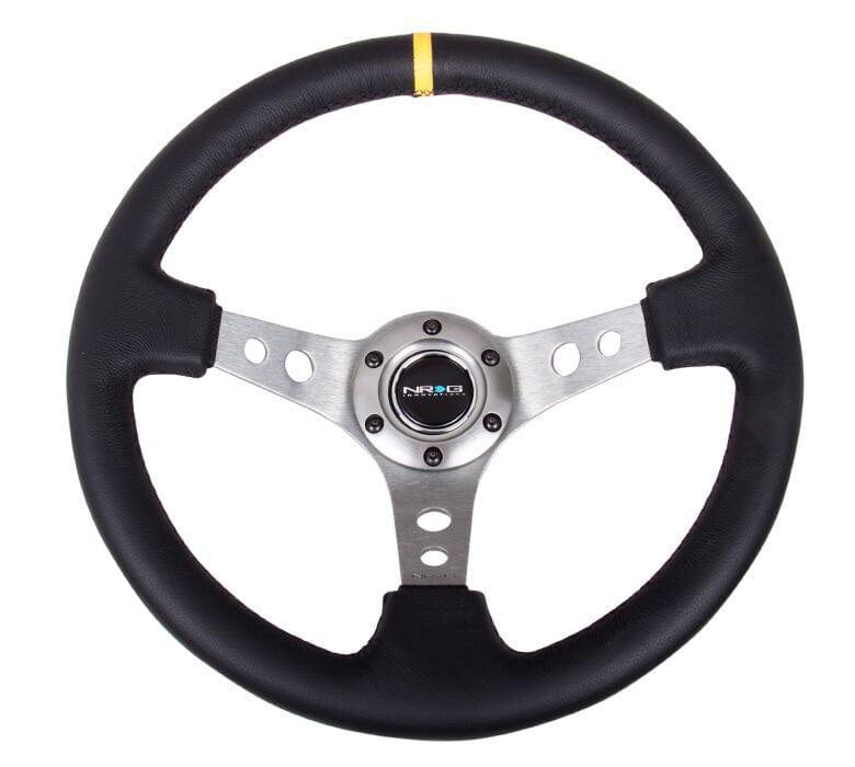 NRG - Reinforced Steering Wheel - 350mm Sport Steering Wheel (3" Deep) - Gun Metal Spoke w/ Round holes / Black Leather / Yellow Center Mark Steering Wheels - 3 Spokes Leather-RST-006GM-Y - RZCrewGarage