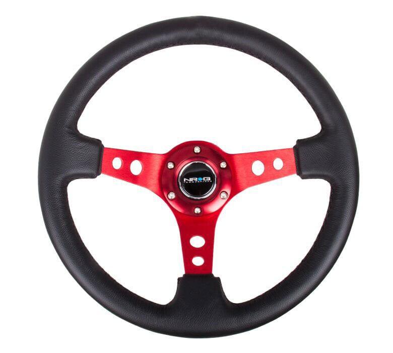 NRG - Reinforced Steering Wheel - 350mm Sport Steering Wheel (3" Deep) - Red Spoke w/ Round holes / Black Leather Steering Wheels - 3 Spokes Leather-RST-006RD - RZCrewGarage