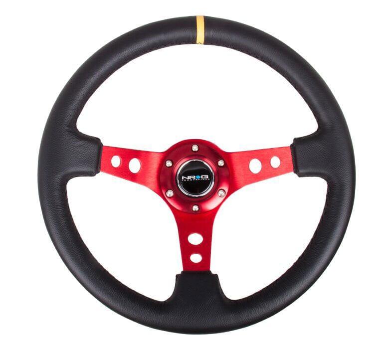 NRG - Reinforced Steering Wheel - 350mm Sport Steering Wheel (3" Deep) - Red Spoke w/ Round holes / Black Leather / Yellow Center Mark Steering Wheels - 3 Spokes Leather-RST-006RD-Y - RZCrewGarage