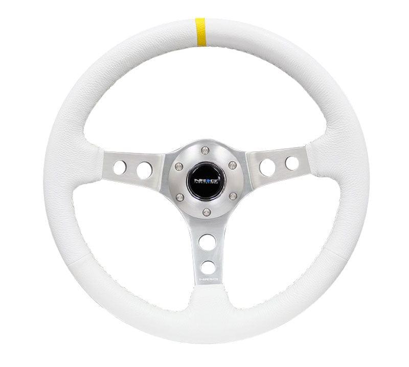 NRG - Reinforced Steering Wheel - 350mm Sport Steering Wheel (3" Deep) Silver Spoke with White Leather finish and White Stitch Steering Wheels - 3 Spokes Leather-RST-006WT-Y - RZCrewGarage