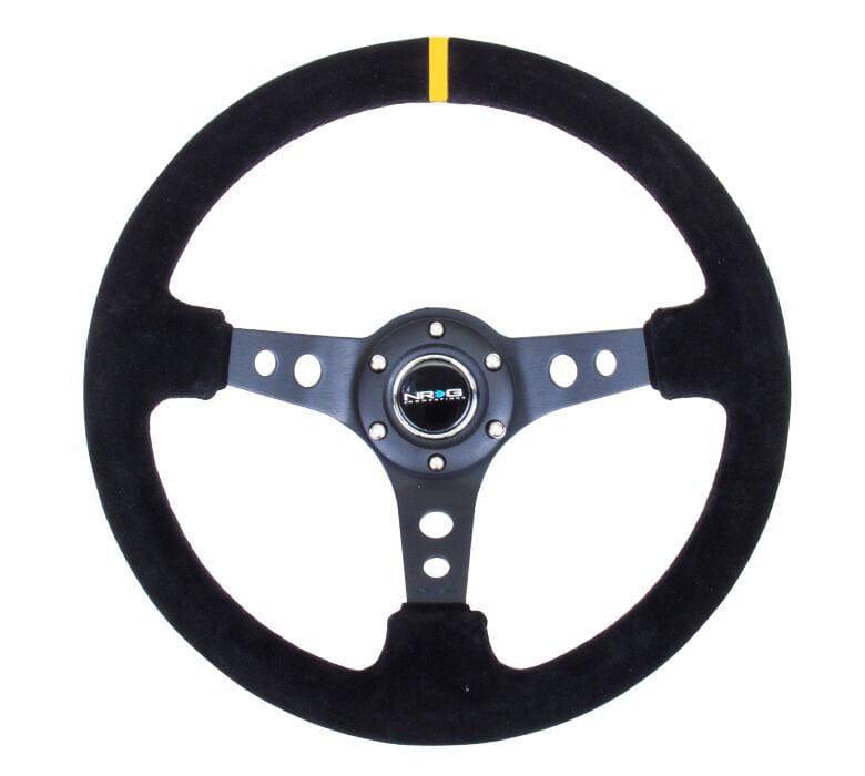 NRG - Reinforced Steering Wheel - 350mm Sport Steering Wheel (3" Deep) - Suede Black Stitch w/ Yellow Center Mark Steering Wheels - 3 Spokes Suede-RST-006S-Y - RZCrewGarage