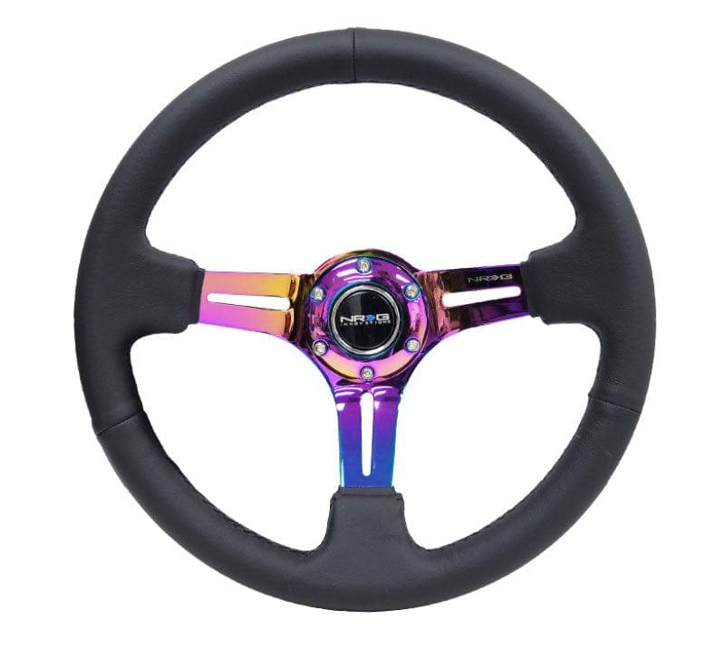 NRG - Reinforced Steering Wheel 350mm Sport Steering Wheel Leather (3" Deep) Black Stitch with slits in Neochrome Steering Wheels - 3 Spokes Leather-RST-018R-MCBS - RZCrewGarage