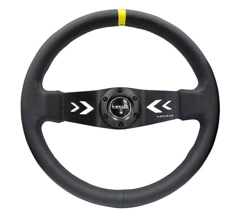 NRG - Reinforced Steering Wheel NRG Arrow cut out two spoke 350mm Sport Stereing Wheel Leather (3" Deep) Black Suede, yellow Center Marking, NRG Arrow cut out two spoke Steering Wheels - 2 Spokes Leather-RST-022R-Y - RZCrewGarage