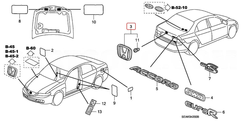 Genuine Honda Parts - Emblem RR Center - Honda - Accord Euro R CL7 - 75701-SEA-000 - Rzcrew Garage
