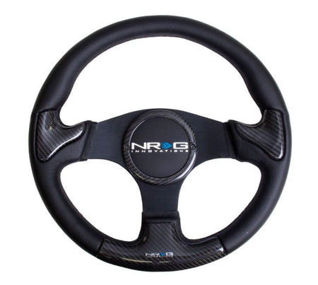 NRG - CARBON FIBER STEERING WHEEL 350mm Blk frame blk stitching w/ RUBBER COVER HORN BUTTON Steering Wheels - 3 Spokes Carbon,Leather-ST-014CFBK - RZCrewGarage