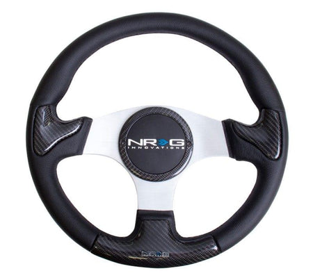 NRG - CARBON FIBER STEERING WHEEL 350mm SILVER frame blk stitching w/ RUBBER COVER HORN BUTTON Steering Wheels - 3 Spokes Carbon,Leather-ST-014CFSL - RZCrewGarage