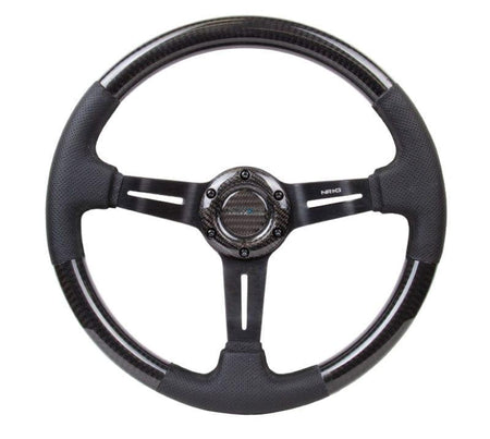 NRG - CARBON FIBER STEERING WHEEL W/ LEATHER ACCENT 350mm 1.5" DEEP BLACK STICHING Steering Wheels - 3 Spokes Carbon,Leather-ST-010CFBS - RZCrewGarage