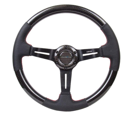 NRG - CARBON FIBER STEERING WHEEL W/ LEATHER ACCENT 350mm 1.5" DEEP RED STICHING Steering Wheels - 3 Spokes Carbon,Leather-ST-010CFRS - RZCrewGarage