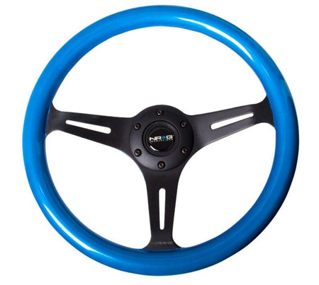 NRG - Classic Wood Grain Wheel, 350mm 3 black spokes, blue pearl/flake paint Steering Wheels - 3 Spokes Wood-ST-015BK-BL - RZCrewGarage