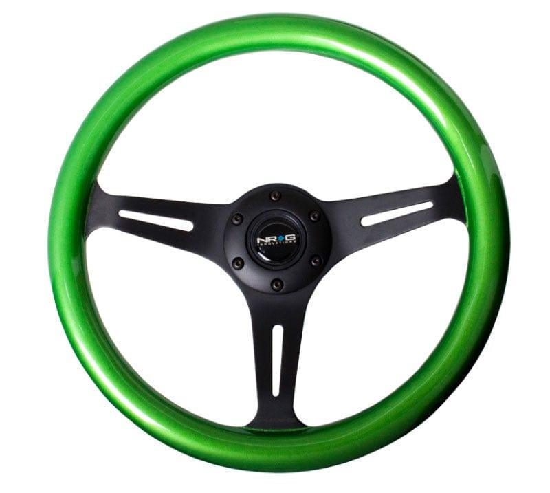 NRG - Classic Wood Grain Wheel, 350mm 3 black spokes, green pearl/flake paint Steering Wheels - 3 Spokes Wood-ST-015BK-GN - RZCrewGarage