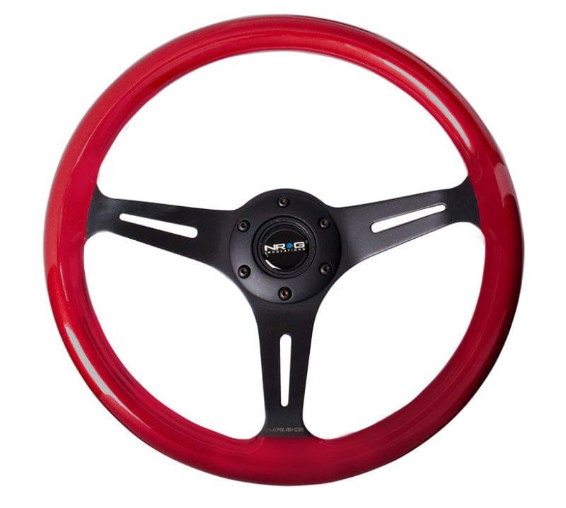 NRG - Classic Wood Grain Wheel, 350mm 3 black spokes, red pearl/flake paint Steering Wheels - 3 Spokes Wood-ST-015BK-RD - RZCrewGarage