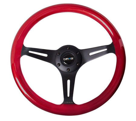 NRG - Classic Wood Grain Wheel, 350mm 3 black spokes, red pearl/flake paint Steering Wheels - 3 Spokes Wood-ST-015BK-RD - RZCrewGarage