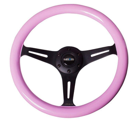 NRG - Classic Wood Grain Wheel, 350mm 3 black spokes, solid pink painted grip Steering Wheels - 3 Spokes Wood-ST-015BK-PK - RZCrewGarage