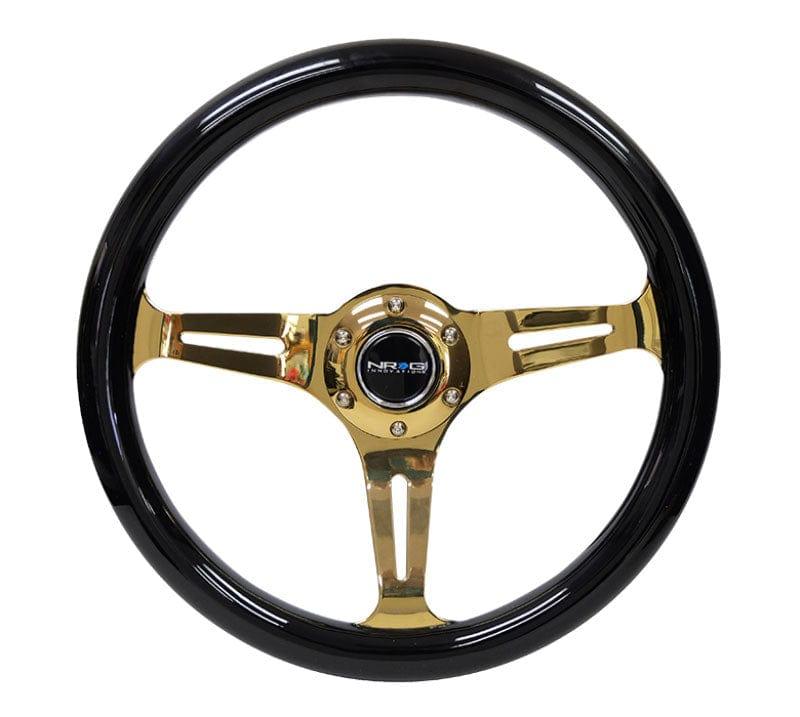 NRG - Classic Wood Grain Wheel - 350mm 3 Chrome Gold Spokes - Black Grip Steering Wheels - 3 Spokes Wood-ST-015CG-BK - RZCrewGarage