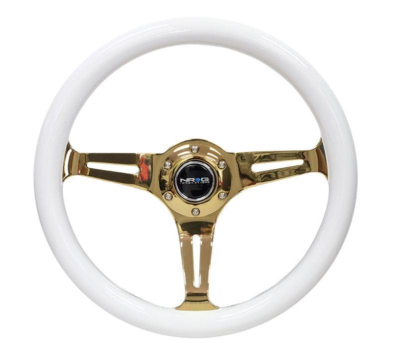 NRG - Classic Wood Grain Wheel - 350mm 3 Chrome Gold Spokes - White Grip Steering Wheels - 3 Spokes Wood-ST-015CG-WT - RZCrewGarage