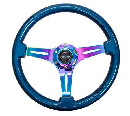 NRG - Classic Wood Grain Wheel, 350mm 3 Neochrome spokes, blue pearl/flake paint Steering Wheels - 3 Spokes Wood-ST-015MC-BL - RZCrewGarage