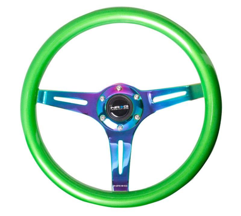 NRG - Classic Wood Grain Wheel, 350mm 3 Neochrome spokes, green pearl/flake paint Steering Wheels - 3 Spokes Wood-ST-015MC-GN - RZCrewGarage