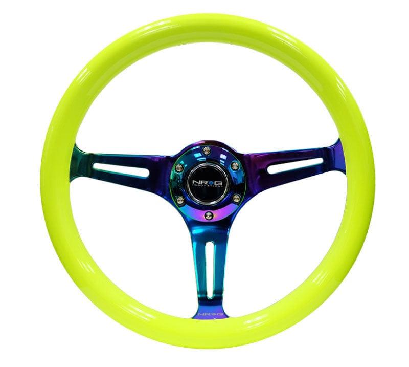 NRG - Classic Wood Grain Wheel, 350mm 3 Neochrome spokes-Neon YELLOW Color Steering Wheels - 3 Spokes Wood-ST-015MC-NYW - RZCrewGarage