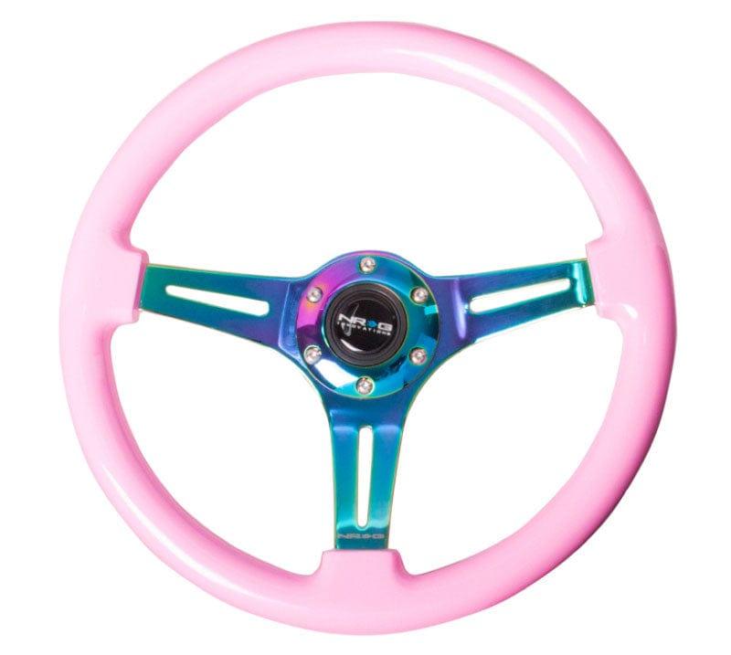 NRG - Classic Wood Grain Wheel, 350mm 3 Neochrome spokes, solid pink painted grip Steering Wheels - 3 Spokes Wood-ST-015MC-PK - RZCrewGarage