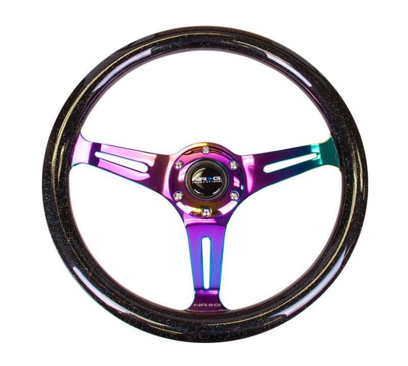NRG - "Galaxy" Classic Wood Grain Wheel - 350mm 3 Neochrome spokes - Black Sparkled Color Steering Wheels - 3 Spokes Wood-ST-015MC-BSB - RZCrewGarage