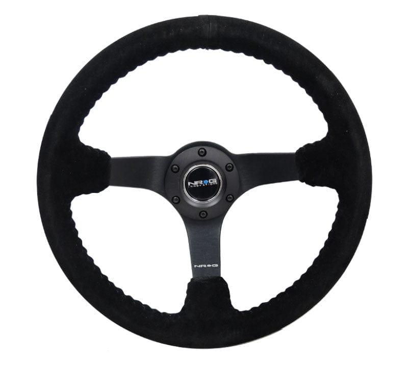 NRG - Reinforced Steering Wheel - 3" Deep, 5mm matte black spoke, 350mm Sport Steering Wheel Black suede w/ Black baseball stitching Steering Wheels - 3 Spokes Suede-RST-036MB-S-BK - RZCrewGarage
