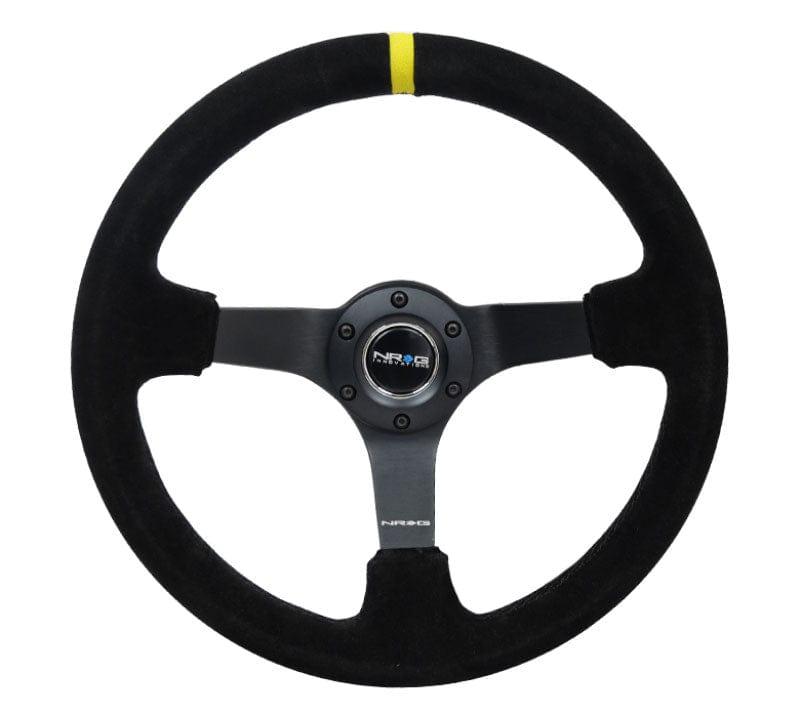 NRG - Reinforced Steering Wheel - 3" Deep, 5mm matte black spoke, 350mm Sport Steering Wheel Black suede w/ Black criss cross stitching and Yellow Center Mark Steering Wheels - 3 Spokes Suede-RST-036MB-S-Y - RZCrewGarage