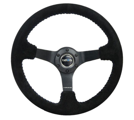 NRG - Reinforced Steering Wheel - 3" Deep, 5mm matte black spoke, 350mm Sport Steering Wheel Black suede w/ Blue baseball stitching Steering Wheels - 3 Spokes Suede-RST-036MB-S-BL - RZCrewGarage