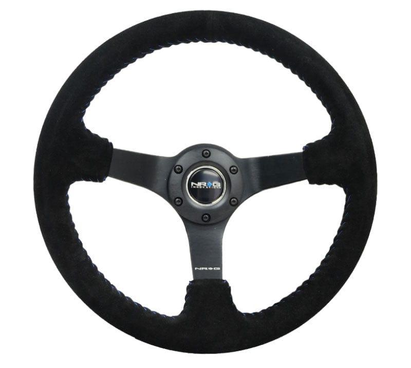 NRG - Reinforced Steering Wheel - 3" Deep, 5mm matte black spoke, 350mm Sport Steering Wheel Black suede w/ Blue baseball stitching Steering Wheels - 3 Spokes Suede-RST-036MB-S-BL - RZCrewGarage