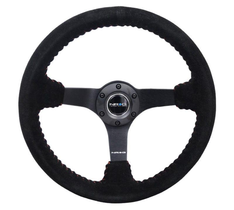 NRG - Reinforced Steering Wheel - 3" Deep, 5mm matte black spoke, 350mm Sport Steering Wheel Black suede w/ Red baseball stitching Steering Wheels - 3 Spokes Suede-RST-036MB-S-RD - RZCrewGarage