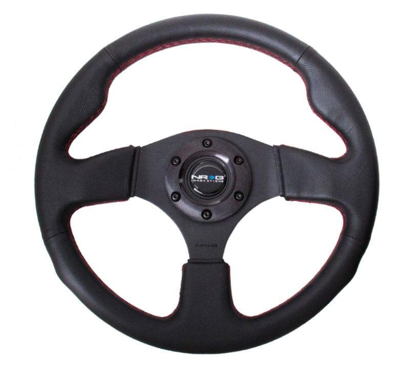 NRG - Reinforced Steering Wheel- 320mm Sport Leather Steering Wheel w/ red stitch Steering Wheels - 3 Spokes Leather-RST-012R-RS - RZCrewGarage