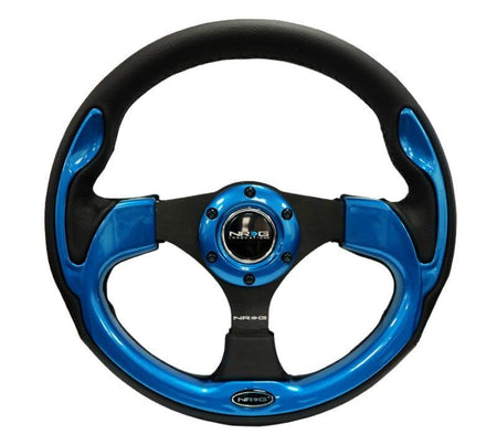 NRG - Reinforced Steering Wheel- 320mm Sport Steering Wheel w/ Blue Trim Steering Wheels - 3 Spokes Leather-RST-001BL - RZCrewGarage
