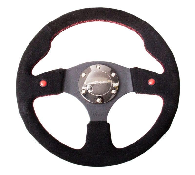 NRG - Reinforced Steering Wheel- 320mm Sport Steering Wheel w/ Blue Trim Steering Wheels - 3 Spokes Suede-RST-007S - RZCrewGarage