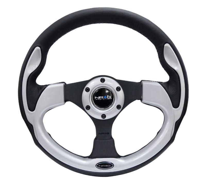 NRG - Reinforced Steering Wheel- 320mm Sport Steering Wheel w/ Silver Trim Steering Wheels - 3 Spokes Leather-RST-001SL - RZCrewGarage