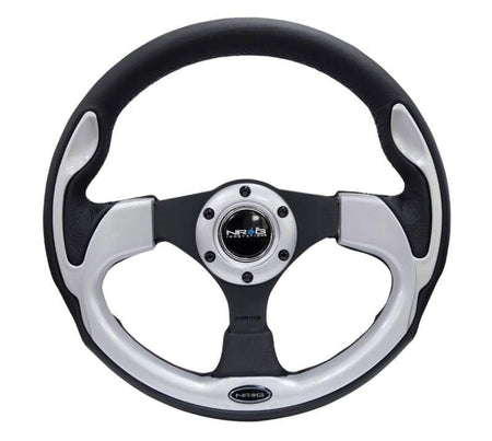 NRG - Reinforced Steering Wheel- 320mm Sport Steering Wheel w/ Silver Trim Steering Wheels - 3 Spokes Leather-RST-001SL - RZCrewGarage
