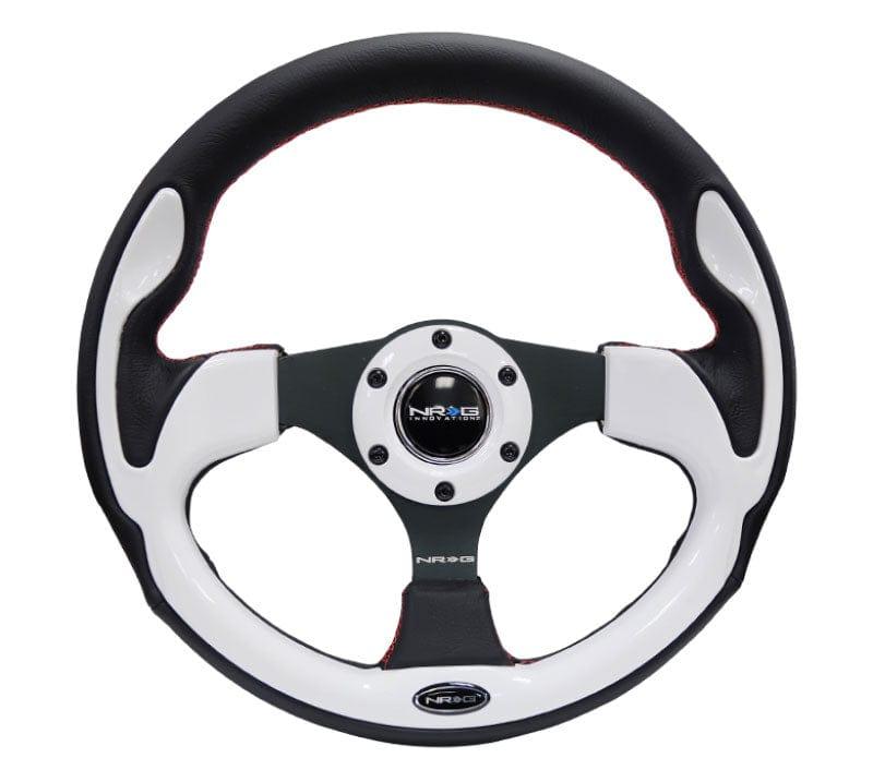NRG - Reinforced Steering Wheel- 320mm Sport Steering Wheel w/ White Trim Steering Wheels - 3 Spokes Leather-RST-001WT - RZCrewGarage