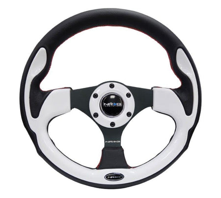 NRG - Reinforced Steering Wheel- 320mm Sport Steering Wheel w/ White Trim Steering Wheels - 3 Spokes Leather-RST-001WT - RZCrewGarage