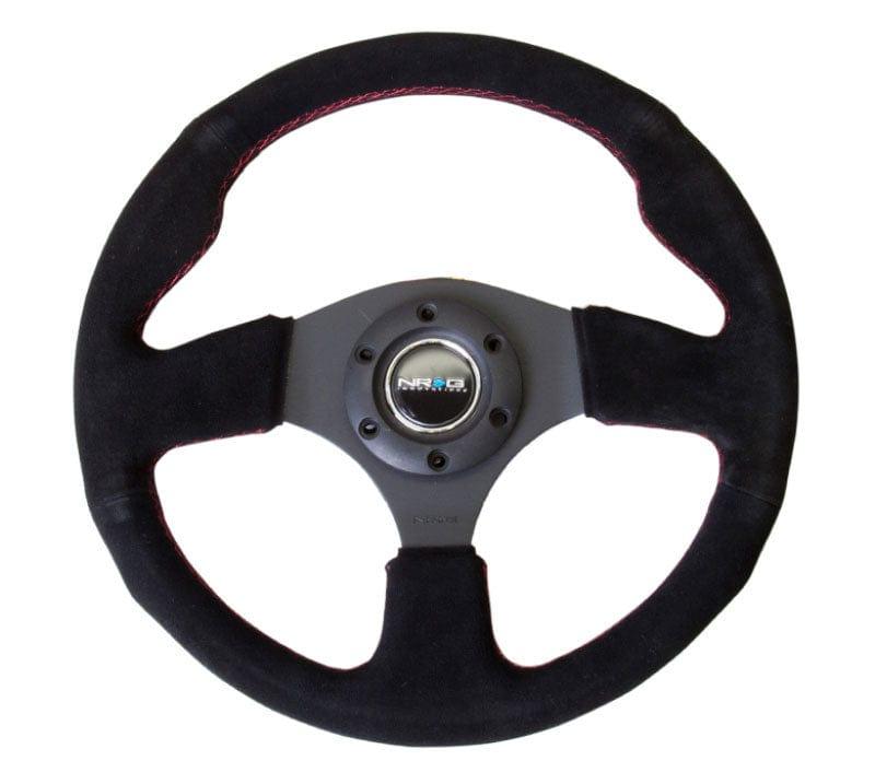 NRG - Reinforced Steering Wheel- 320mm Sport Suede Steering Wheel w/ red stitch Steering Wheels - 3 Spokes Suede-RST-012S-RS - RZCrewGarage