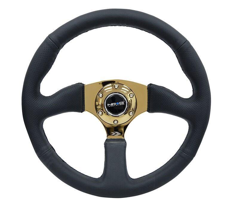 NRG - Reinforced Steering Wheel- 350mm Sport Leather Racing ( 2.5" Deep) Comfort Grip 4mm metal gold spoke Steering Wheels - 3 Spokes Leather-RST-023GD-R - RZCrewGarage